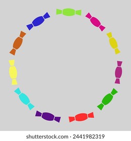 Round frame made of candies. Intensive colors. Celebration, advertisement, sale, commertial, banner. Vector illustration.