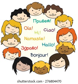 Round frame made of cartoon man and woman's smiling faces and word Hello in different languages.
