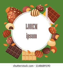 Round frame made of chocolates. Sweet confectionery. Vector illustration on a green background. Template for a menu or leaflets or a chocolate shop banner. A realistic attractive style. Place for text