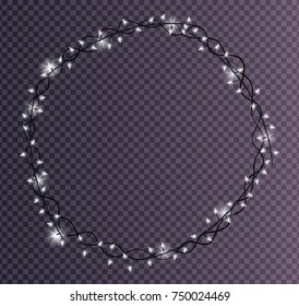 Round frame made of Christmas lights sparkling white lightbulbs decorative border vector illustration isolated on transparent background