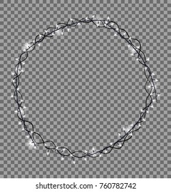 Round frame made of Christmas lights sparkling white lightbulbs decorative border vector illustration isolated on transparent background