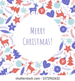Round frame made of christmas toys. Doodle illustration, greeting card, banner.