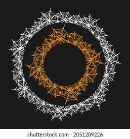 A round frame made of cobwebs with an empty space for text.A set of black and orange spider web pattern in the style of doodles on black for a Halloween design template