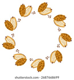 Marco redondo hecho de granos de cacao sobre fondo blanco. Ilustración de corona dibujada a mano de Vector para diseño de empaques, menú de cafetería y marca con espacio de copia en blanco