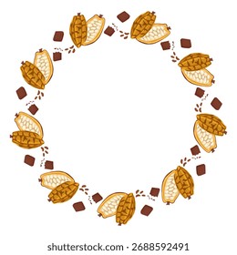 Moldura redonda feita de grãos de cacau e pequenos pedaços de chocolate sobre fundo branco. Ilustração de grinalda desenhada à mão do vetor para o projeto da embalagem, menu do café e marca com espaço de cópia em branco