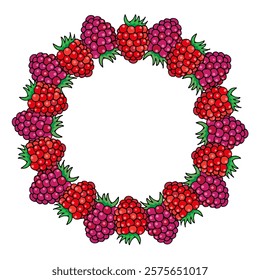round frame made of colored drawings of raspberries and blackberries, hand drawn in cartoon style.