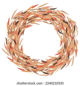 Round frame made of colorful leaves or feathers. Nest of weeping willow branches. Rustic decorative wreath for invitation or logo