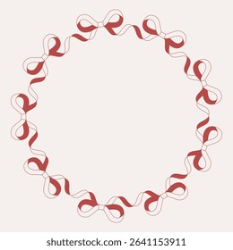 Round frame made of continuous red bows. Repeating ribbon pattern gives it a festive and ornamental look for cards, stickers or labels.