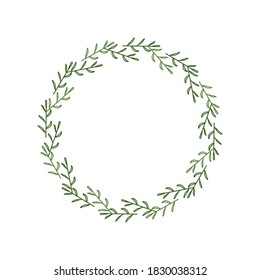 Round frame made of contour green twigs and leaves. Elegant wreath in a linear style. Decorative doodle border for logo, invitations, farmhouse. Vector illustration isolated on white background.