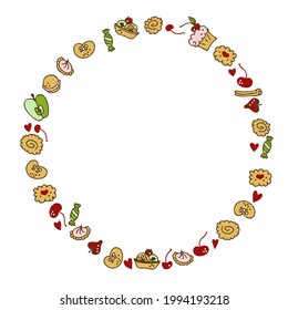 Round frame made of cookies, cakes, candy and berries. Perfect for scrapbooking, textile and prints. Hand drawn vector illustration for decor and design.

