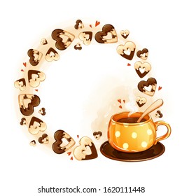 Round frame made of cookies of hearts in dark and white chocolate icing and an orange cup in polka dot pattern with hot coffee. Cartoon food and drinks. Watercolor textural background.