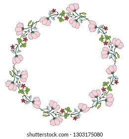 Round frame made of cosmos, clover, chamomile, carnation and poppy buds. Romantic floral wreath on white background. Festive floral circle for your design