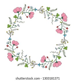 Round frame made of cosmos, clover, chamomile, carnation, poppy buds and different herbs. Romantic floral wreath on white background. Festive floral circle for your design