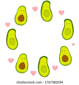 Round frame made of Couple avocado in love, cute cartoon illustration . St. Valentine's day Vector stock kawaii illustration on whie background	
