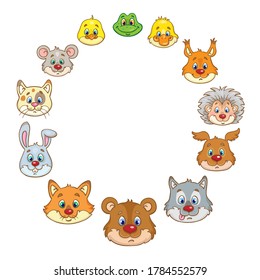 Round frame made up of cute animal faces. In a cartoon style. Isolated on white background. Space for your text. Vector illustration