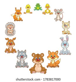 Round frame made of cute funny animals. In a cartoon style. Isolated on white background. Space for your text. Vector illustration.