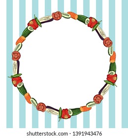 Round frame made of different sliced vegetables on light blue and white striped background. Template with healthy food elements for your design