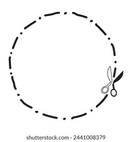 Round frame made of dotted line and scissors nearby. Good for advertisement, coupons, sales, banners, other things that need to be marked to take away. Black line and scissors on white background.