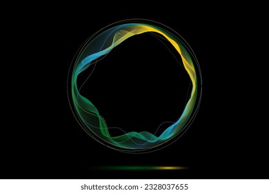 Round frame made of dynamic neon curved lines for technology concepts, user interface design, web design. Green and yellow lines. Black background. Copy Space