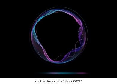 Round frame made of dynamic neon curved lines for technology concepts, user interface design, web design. Blue and purple lines. Black background. Vector illustration