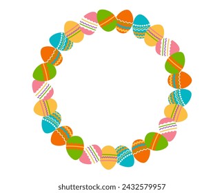 Round frame made of Easter eggs. Border made of Easter painted eggs. Perfect for festive holiday decoration and spring greeting cards. Vector illustration.