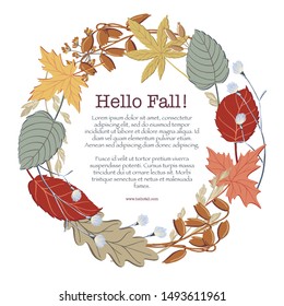 Round frame made of fall, autumn leaves, twigs and branches with place for text inside, vector illustration. Round frame, border design with twigs and branches