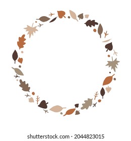 Round frame made of fall, autumn leaves, and twigs with place for text inside, vector illustration. Round frame, border design, autumn season template.