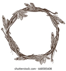 Round frame made of fir branches with cones. Outline decorative element for design isolated on white background.