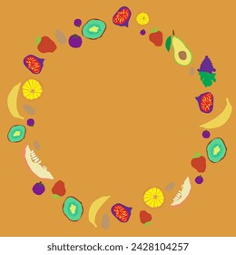 Eingekreistes (abgerundetes) Gestell aus flachen Früchten, eine Nuss und zwei Beeren: Banane, Avocado, Kiwi, Erdbeere, Mandeln, Feigen, Melone, Orange, Heidelbeere, Traube.