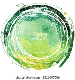 Round frame made of floral branches on Watercolor background
