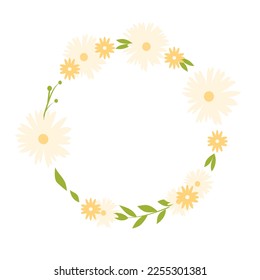 Round frame made of flowers, circle flower frame, daisy, leaves, botanical design element, clip art, isolated on white background