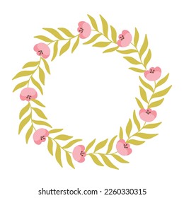 Round frame made of flowers. Spring frame with blooming flowers and leaves. Vector illustration. Flat hand drawn style.