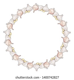 Round frame made of garlic heads and cloves. Decorative circle with garlic for your design