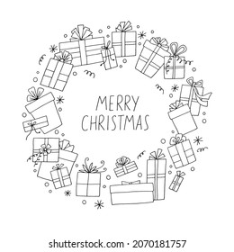 Round frame made of gift boxes. Present. New Year. Merry Christmas. Birthday. Congratulation. Box with a bow. Doodle. Vector. Drawn by hand. Sketch. Silhouette. Black and white outline. Coloring.