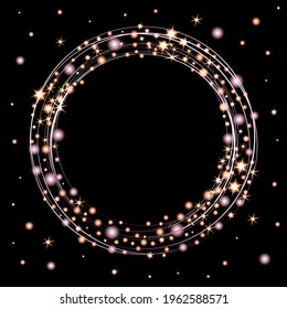 round frame made of gold and bronze stars, balls on a black background. Stylish template for the design of Christmas cards, wedding invitations, sales and discount advertisements. Vector illustration