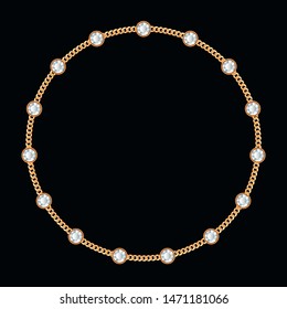 Round frame made with golden chain and gemstones. On black. Vector illustration