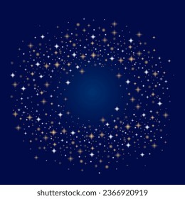 Round frame made of golden fairy dust resembling stars or sparkling confetti. Decorative fireworks on vector blue background. Element for decorating New Year or Christmas holiday or success and victor