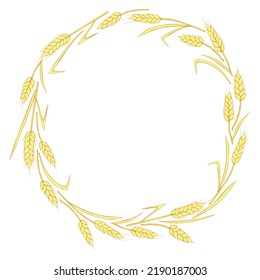 Round frame made of golden wheat or rye ears. Vector autumn wreath, border hand drawn in Doodle flat style, isolated on white background
