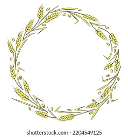 Round frame made of golden wheat or rye ears. Vector autumn wreath, border hand drawn in Doodle flat style, isolated on white background