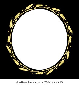 Round frame made of golden wheat or rye ears. Vector autumn wreath, border hand drawn in Doodle flat style, isolated on black background