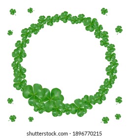 Round frame made of green clover leaves with space for text. Realistic 3D shamrocks. Design for St. Patrick's Day. Vector illustration isolated on white background.
