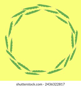 Round frame made of green string beans, isolated on yellow background. Vector illustration.