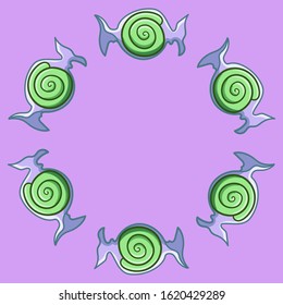 Round frame made of green swirled candies in transparent wrapper. Pink background, vector.