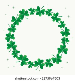 Round Frame Made Of Green Trefoil Clover Leaves With Blank Space In Center. Vector Graphic Template. Isolated Elements. Off-White Background. Great For St. Patrick’s Day Designs.