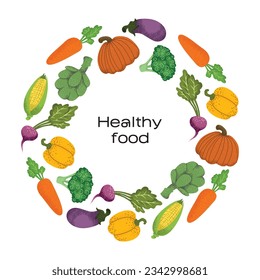 Round frame made of green vegetables, salad leaves and spice herbs on white background. Creative backdrop with circular border consisted of vegan organic food. Colorful flat illustration isolated