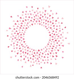 Round frame made of hand drawn scattering tiny cute hearts. Radial splash, splatter, confetti background, decoration. Circle, ring shape. Valentines day, wedding card template, graphic design element.