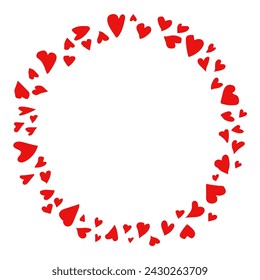 Round frame made of hand drawn different shape hearts on white background. Each one heart is unique.
