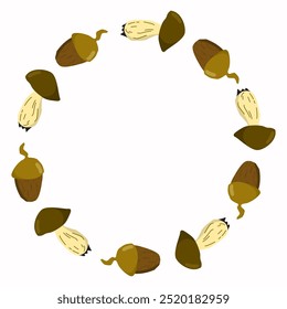 Round frame made of hand drawn acorn and mushroom, isolated on white background (backdrop). Food. Nature. Object. Vector illustration. 