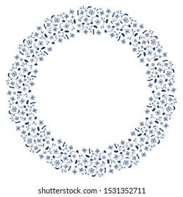 Round frame made of of hand-drawn abstract blue contour butterflies, wavy shapes and flowers on a white background. Elegant decor for card, 
flyer, invitation, etc. Vector.