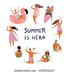 Round frame made of happy people in swimwear, with quote Summer is here. Hand drawn vector illustration. Isolated objects on white background. Flat style design. Concept, element for poster, banner.